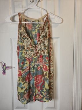 JOIE 100% Silk Floral Mixed Print Pleated Halter Tank Top M